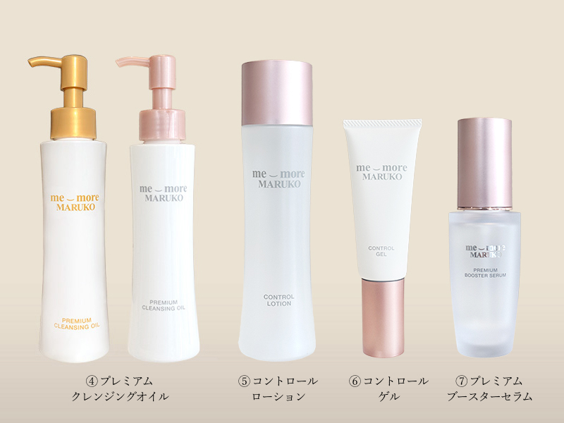 ④プレミアムクレンジングオイル　⑤コントロールローション　⑥コントロールゲル　⑦プレミアムブースターセラム